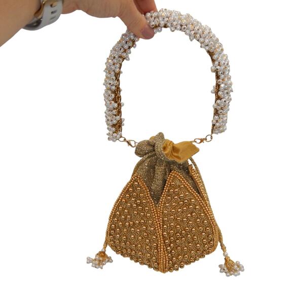 Ramla Handcrafted Lotus Pearl Beaded Embellished Potli Bag Gold - Picture 4 of 9